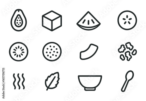 Tropical Breakfast Icons. Outline icon set of tropical breakfast bowls: papaya half, mango cube, pineapple