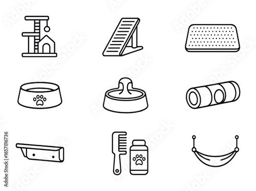 Cat-Friendly Home Icons. Outline icon set of cat-friendly home accessories: climbing tree, scratching pad,