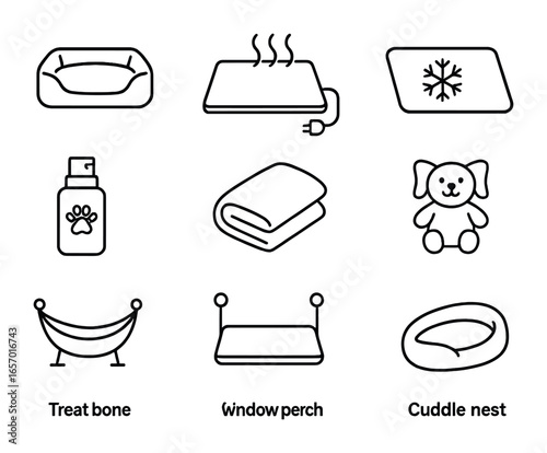Pet Relaxation Icons. Outline icon set of pet relaxation items: orthopedic bed, heated pad, cooling mat,