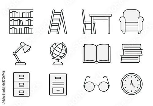 Library Icon Set. Outline icon set of a library with tall shelves filled with books: bookshelf, ladder,