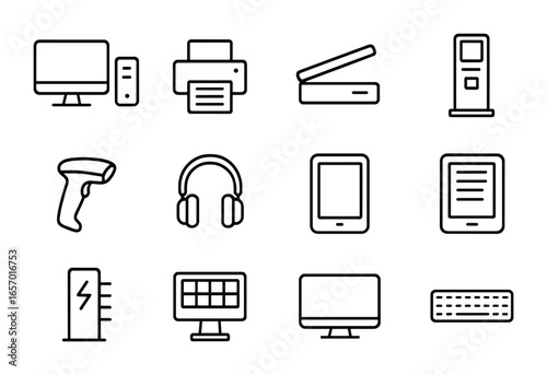 Library Tech Icons. Outline icon set of library technology tools: computer, printer, scanner, self-checkout