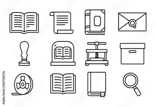 Rare Book Icons. Outline icon set of rare books and archives: old manuscript, scroll, leather-bound volume,
