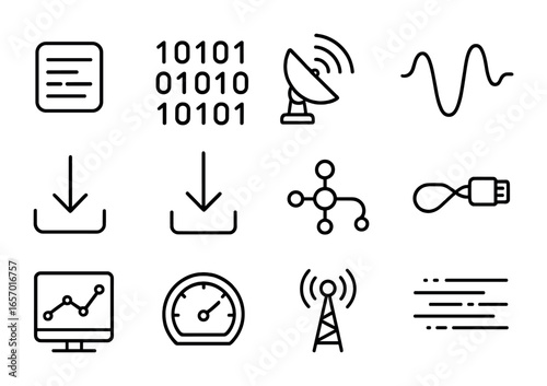 Cosmic Data Transfer Icons. Outline icon set of cosmic data transfer: data packet, binary code, satellite
