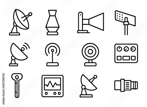 High-Gain Antenna Icons. Outline icon set of high-gain antennas: parabolic dish, feed horn, mount base, wave