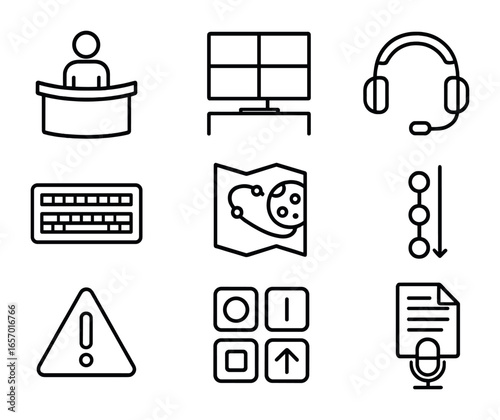 Deep Space Icon Set. Outline icon set of deep space mission control: operator desk, monitor wall,