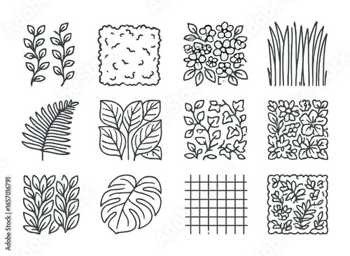 Living Wall Icons. Outline icon set of lush living wall textures: leafy vines, moss mat, flowering plant