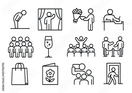 Post-Performance Traditions. Outline icon set of post-performance traditions: bow on stage, curtain call,