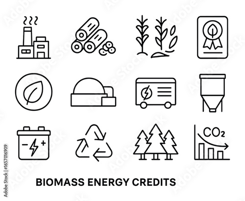 Biomass Energy Icons. Outline icon set of biomass energy credits: biomass plant, wood pellets, agricultural