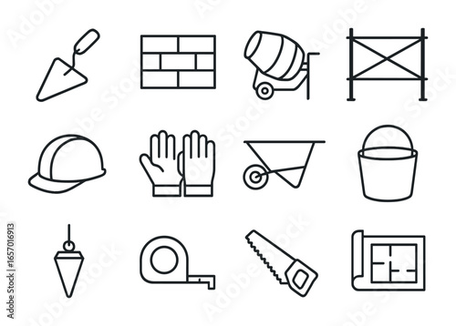 Construction Tools Icons. Outline icon set of construction site essentials: mortar trowel, bricks, cement