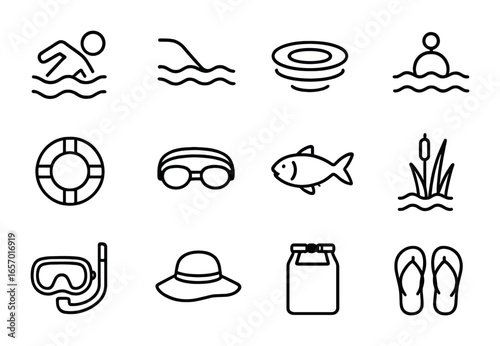 River Swimming Icons. Outline icon set of swimming in the river: swimmer, riverbank, water ripple, floating
