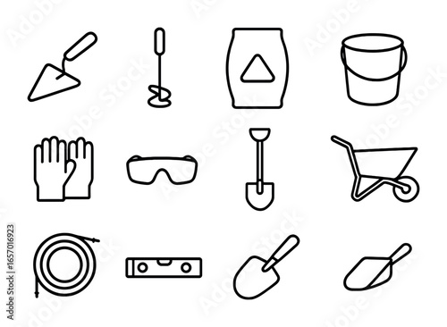 Cement Tools Icons. Outline icon set of cement mixing tools: mortar trowel, mixing paddle, cement bag, water