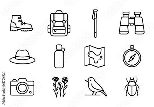 Nature Walk Icons. Outline icon set of nature walk by the river: hiking boots, backpack, walking stick,