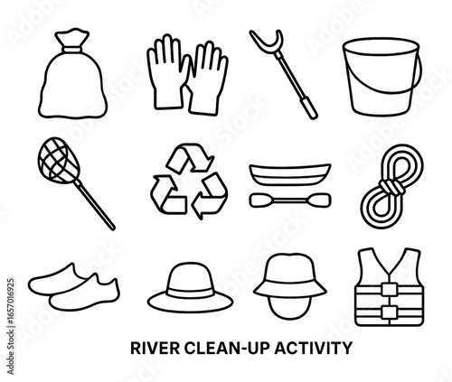 River Cleanup Icons. Outline icon set of river clean-up activity: trash bag, gloves, litter picker, bucket,