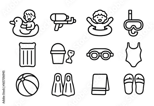 Pool Play Icons. Outline icon set of kids playing in pool: inflatable toys, water gun, swim ring, snorkel,