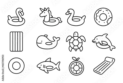 Inflatable Pool Toy Icons. Outline icon set of inflatable pool toys: flamingo float, unicorn float, swan float