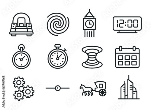 Time Travel Icons. Outline icon set of science fiction time travel: time machine, vortex, clock tower, digital