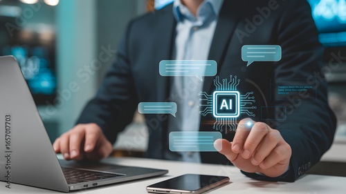AI in the Office: A man interacts with advanced artificial intelligence, symbolized by a glowing interface, within a modern office, exploring the integration of AI.