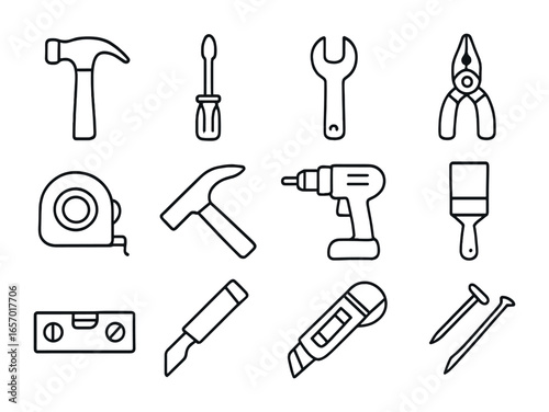 Home Improvement Tools Grid. Outline icon set of home improvement tools: hammer, screwdriver, wrench, pliers,