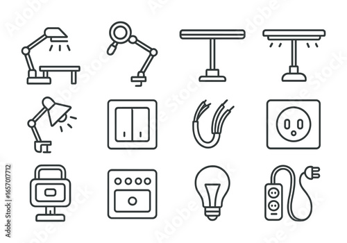 Workshop Lighting Icons. Outline icon set of task lighting for workshops: workbench light, magnifying lamp,