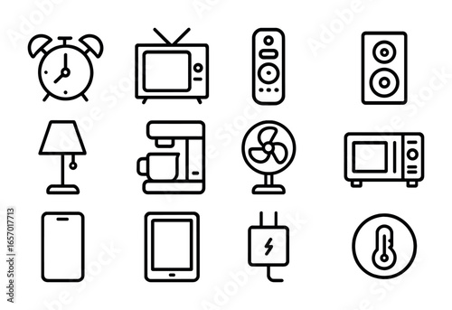 Home Electronics Icons. Outline icon set of home electronics: alarm clock, TV, remote control, speaker, lamp,