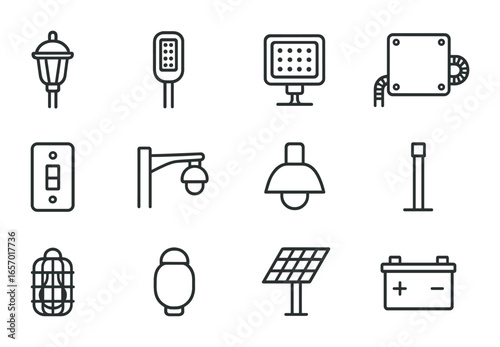 Street Lighting Icons. Outline icon set of street and roadway lighting: streetlamp, LED pole, floodlight,