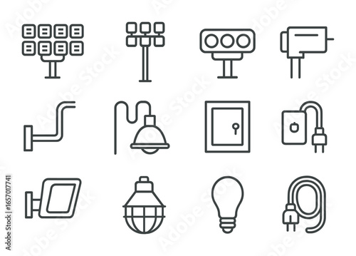 Sports Lighting Icons. Outline icon set of sports facility lighting: floodlight, high mast pole, LED spotlight