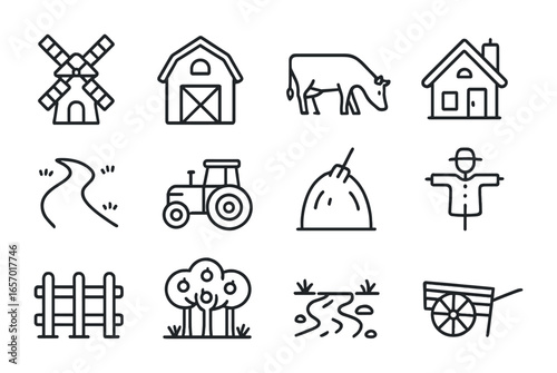 Rural Sightseeing Icons. Outline icon set of rural sightseeing: windmill, farm barn, grazing cow, village