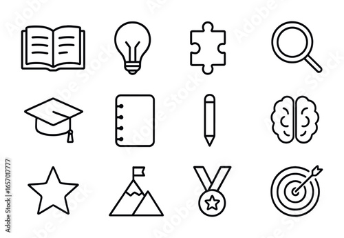 Personal Growth Icons. Outline icon set of personal growth activities: open book, light bulb, puzzle piece,