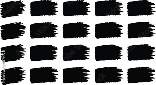 A set of twenty black brush stroke elements with a rough texture, arranged in four rows and five columns, isolated on a white background