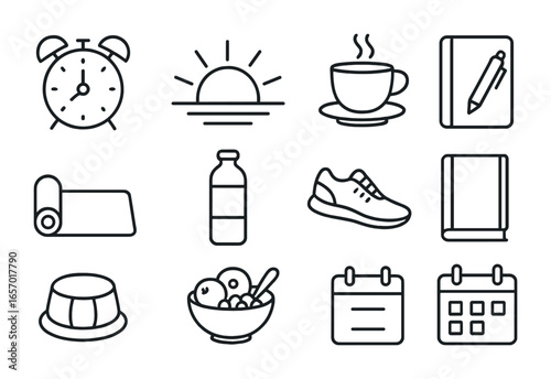 Motivational Morning Icons. Outline icon set of motivational morning routines: alarm clock, sunrise, cup of