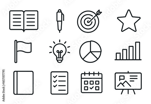 Icons of Life Goals. Outline icon set of life goals organization: planner, pen, target icon, star, flag, light
