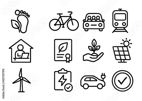 Carbon Reduction Icons. Outline icon set of carbon footprint reduction: footprint with leaf, bike commuting,