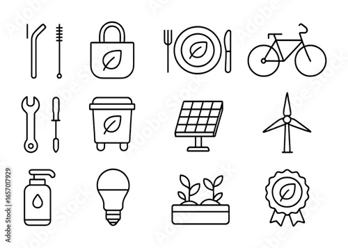 Eco Lifestyle Icons. Outline icon set of low-impact living: reusable straw, cloth bag, plant-based meal,