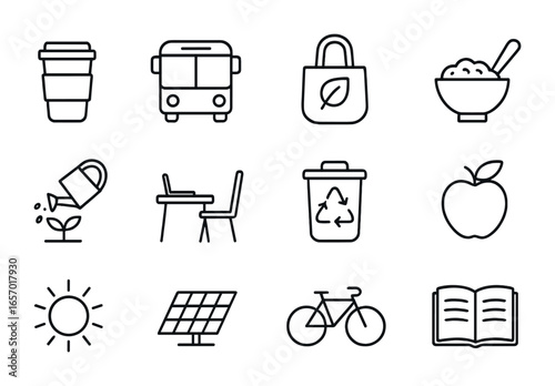 Eco-Friendly Icons Grid. Outline icon set of sustainable daily routines: reusable cup, public transport icon,
