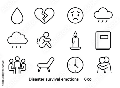Disaster Survival Icons. Outline icon set of disaster survival emotions: tear drop, broken heart, trembling