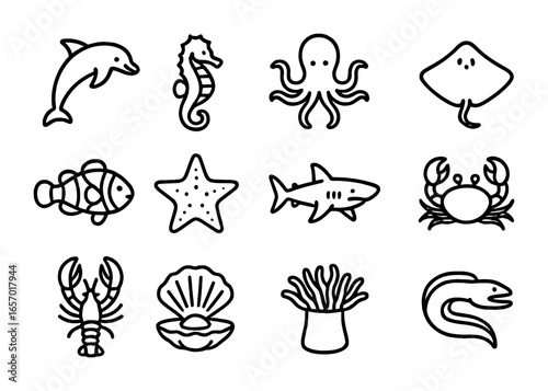 Marine Wildlife Icons. Outline icon set of marine wildlife encounters: dolphin, seahorse, octopus, stingray,