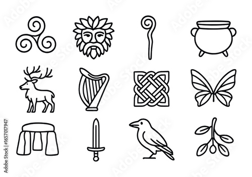 Celtic Mythology Icon Set. Outline icon set of Celtic mythology tales: triple spiral, green man face, Druid