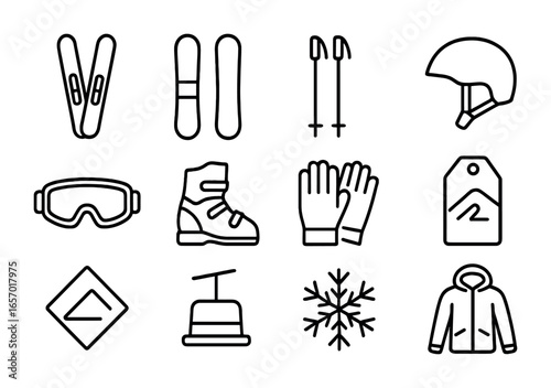 Skiing Essentials Icons. Outline icon set of skiing and snowboarding: skis, snowboard, ski poles, helmet,