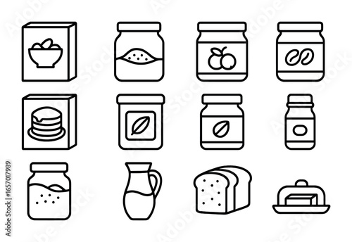Breakfast Pantry Icons. Outline icon set of breakfast pantry items: cereal box, oatmeal jar, jam jar, peanut
