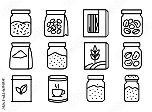 Dry Food Storage Icons. Outline icon set of dry food storage: rice jar, bean bag, pasta box, lentil jar, flour
