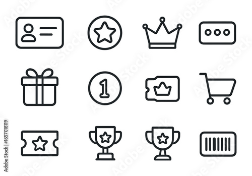Loyalty Program Icons. Outline icon set of personalized loyalty programs: membership card, star badge, crown,