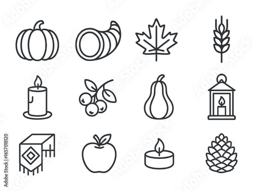 Thanksgiving Centerpiece Icons. Outline icon set of Thanksgiving table centerpiece: pumpkin, cornucopia, maple
