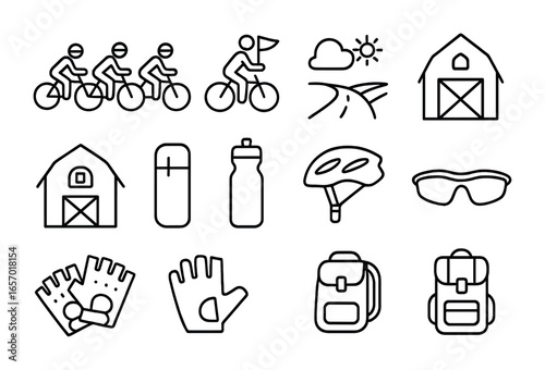 Cycling Icon Set. Outline icon set of group cycling in the countryside: multiple cyclists, leader flag, road