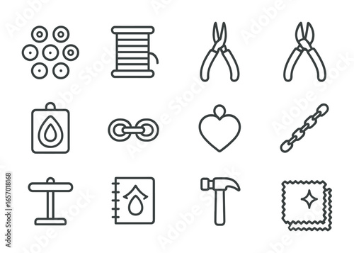 Artisan Jewelry Tools Icons. Outline icon set of handmade artisan jewelry: beads, thread spool, pliers, wire