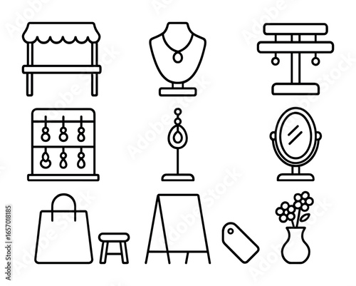 Artisan Market Icons. Outline icon set of artisan market jewelry stalls: table, canopy, jewelry bust, bracelet
