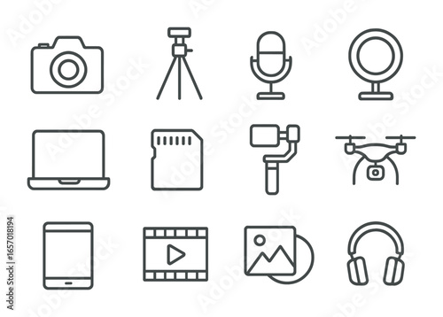 Digital Content Icons. Outline icon set of digital content creation: camera, tripod, microphone, ring light,