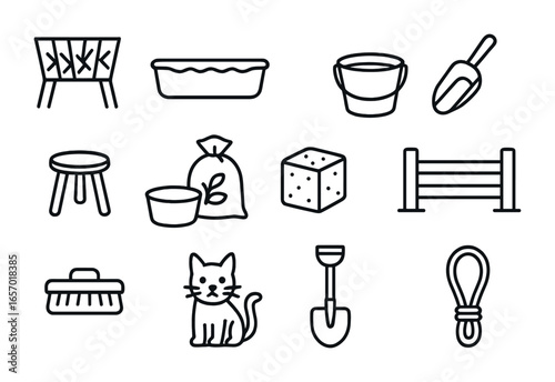 Animal Feeding Icons. Outline icon set of animal feeding area: hay feeder, water trough, feed bucket, grain