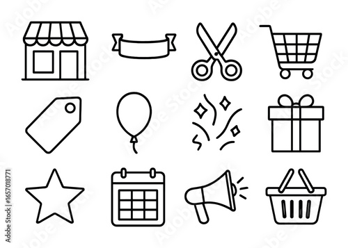 Grand Reopening Icons. Outline icon set of grand reopening flyer: store front, ribbon, scissors, shopping cart