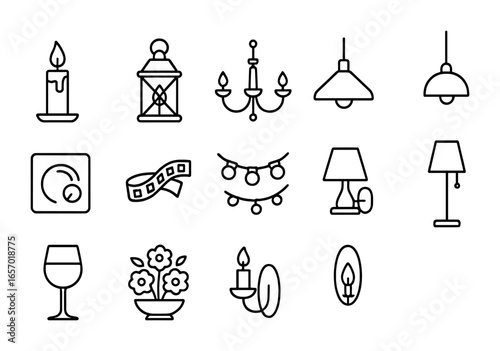 Romantic Lighting Icons. Outline icon set of romantic dinner lighting: candle, lantern, chandelier, pendant