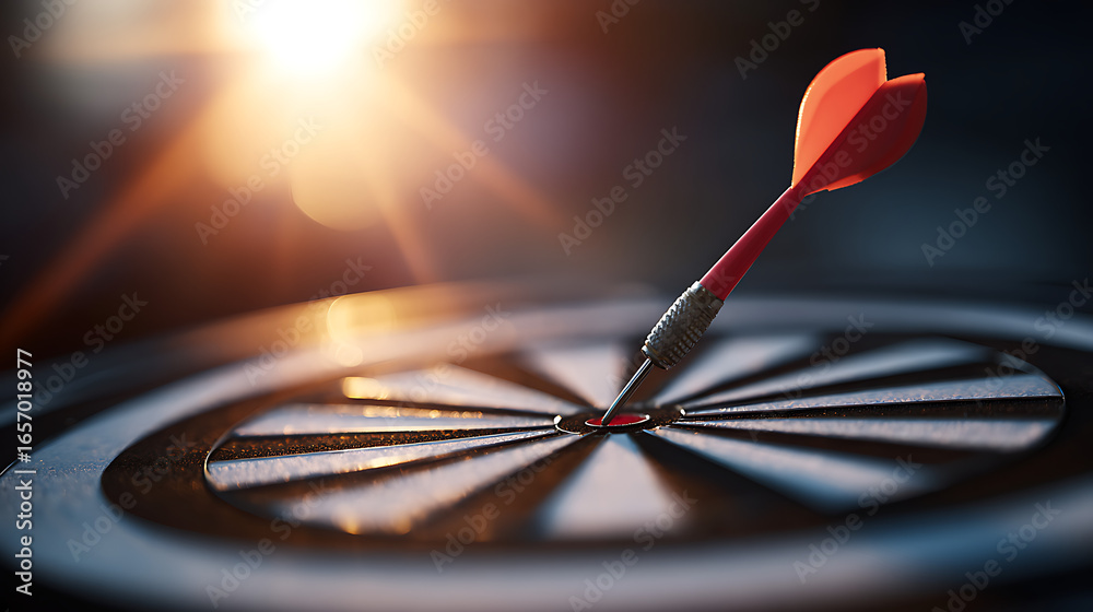 Fototapeta premium Red tipped dart hitting bullseye on target board image